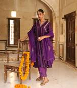 Kashvi A-Line Suit Set in Purple with Zardosi Handwork