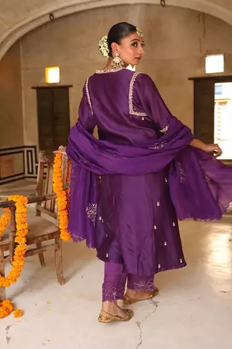 Kashvi A-Line Suit Set in Purple with Zardosi Handwork