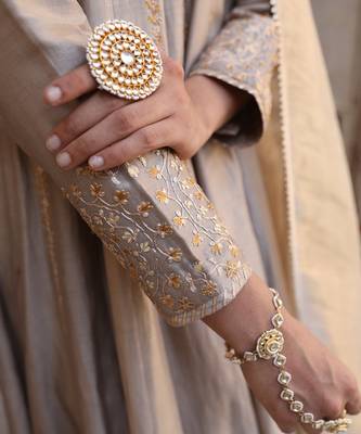 Pal Anarkali Set in Ash Color with Hand Pitta Embroidery 2