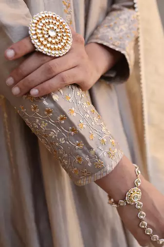 Pal Anarkali Set in Ash Color with Hand Pitta Embroidery