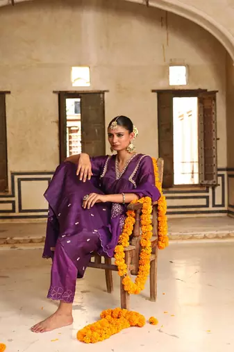 Kashvi A-Line Suit Set in Purple with Zardosi Handwork