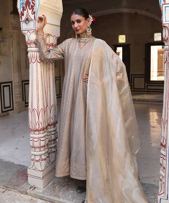Pal Anarkali Set in Ash Color with Hand Pitta Embroidery 1