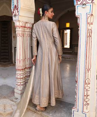 Pal Anarkali Set in Ash Color with Hand Pitta Embroidery 3