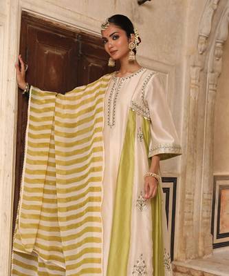 Mishthi Kali Suit Set in Ivory & Green with Pitta Handwork 1