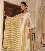 Mishthi Kali Suit Set in Ivory & Green with Pitta Handwork