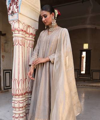 Pal Anarkali Set in Ash Color with Hand Pitta Embroidery 4