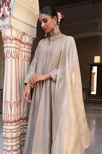 Pal Anarkali Set in Ash Color with Hand Pitta Embroidery