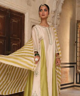 Mishthi Kali Suit Set in Ivory & Green with Pitta Handwork 2