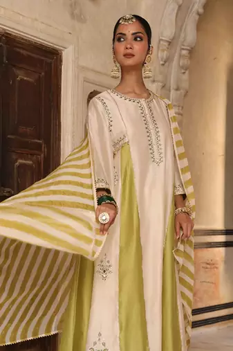 Mishthi Kali Suit Set in Ivory & Green with Pitta Handwork