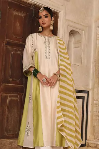 Mishthi Kali Suit Set in Ivory & Green with Pitta Handwork