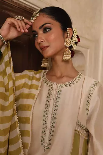 Mishthi Kali Suit Set in Ivory & Green with Pitta Handwork