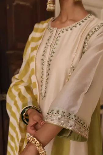 Mishthi Kali Suit Set in Ivory & Green with Pitta Handwork