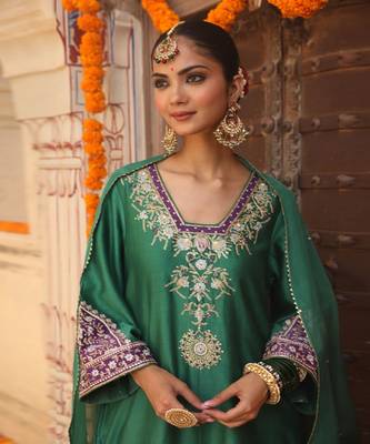 Heena Suit Set in Teal Green with Hand Pitta and Handwork Embroidery 3