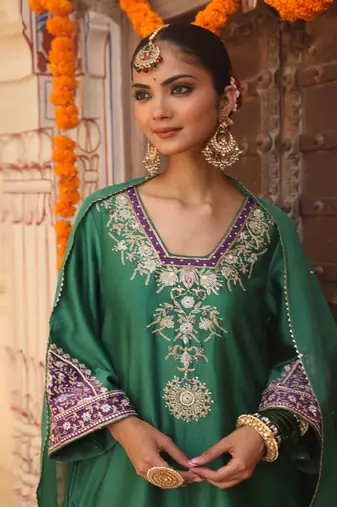 Heena Suit Set in Teal Green with Hand Pitta and Handwork Embroidery