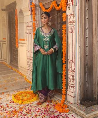 Heena Suit Set in Teal Green with Hand Pitta and Handwork Embroidery 1