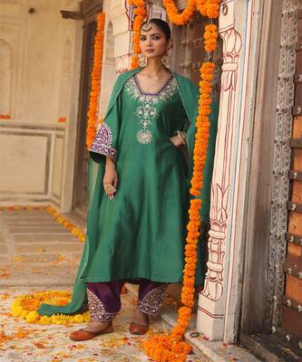 Heena Suit Set in Teal Green with Hand Pitta and Handwork Embroidery 4