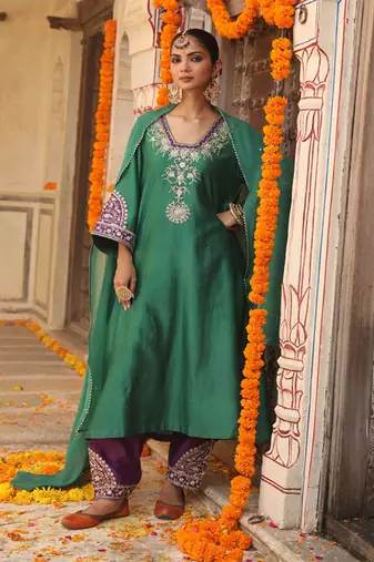 Heena Suit Set in Teal Green with Hand Pitta and Handwork Embroidery