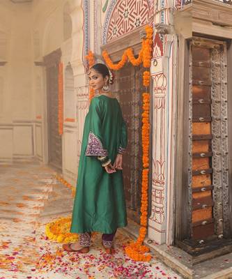 Heena Suit Set in Teal Green with Hand Pitta and Handwork Embroidery 5