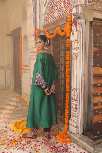 Heena Suit Set in Teal Green with Hand Pitta and Handwork Embroidery