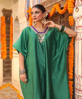 Hazel Kaftan Set in Teal Green with Zardosi Handwork 2