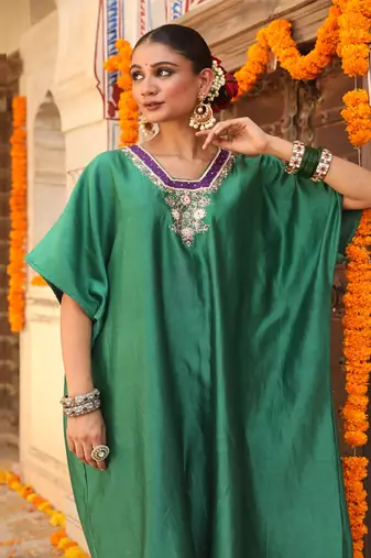 Hazel Kaftan Set in Teal Green with Zardosi Handwork