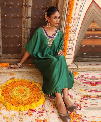 Hazel Kaftan Set in Teal Green with Zardosi Handwork 5