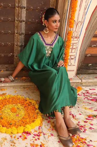 Hazel Kaftan Set in Teal Green with Zardosi Handwork