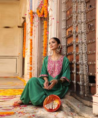 Hayaat Dhoti Set in Teal Green with Hand Pitta Embroidery 1