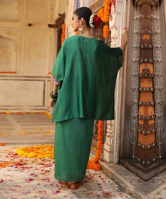 Hayaat Dhoti Set in Teal Green with Hand Pitta Embroidery 3