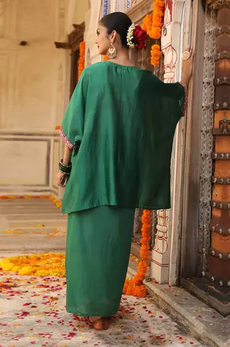 Hayaat Dhoti Set in Teal Green with Hand Pitta Embroidery