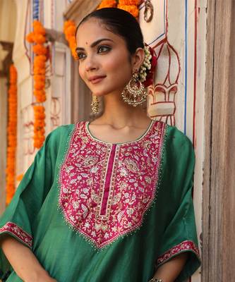 Hayaat Dhoti Set in Teal Green with Hand Pitta Embroidery 4