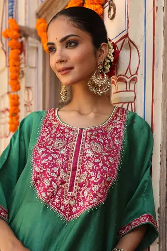 Hayaat Dhoti Set in Teal Green with Hand Pitta Embroidery