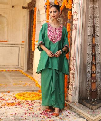 Hayaat Dhoti Set in Teal Green with Hand Pitta Embroidery 5