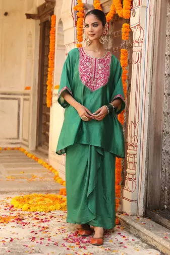 Hayaat Dhoti Set in Teal Green with Hand Pitta Embroidery