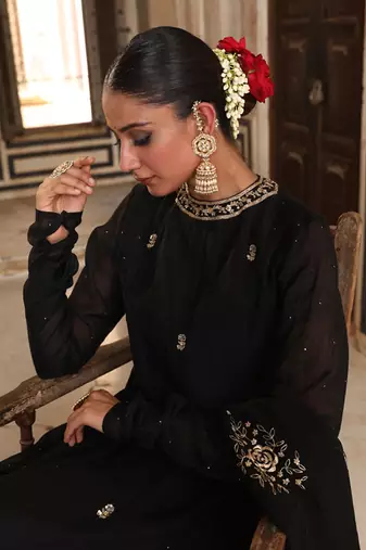 Siyaah Kali Suit Set in Black with Mukaish Zardosi Handwork