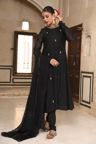 Siyaah Kali Suit Set in Black with Mukaish Zardosi Handwork