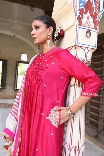 Laxmi Rani Kali Suit Set in Rani Pink with Zardosi Handwork