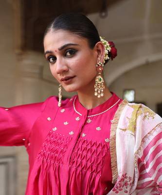 Laxmi Rani Kali Suit Set in Rani Pink with Zardosi Handwork 3