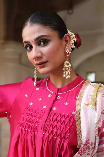 Laxmi Rani Kali Suit Set in Rani Pink with Zardosi Handwork