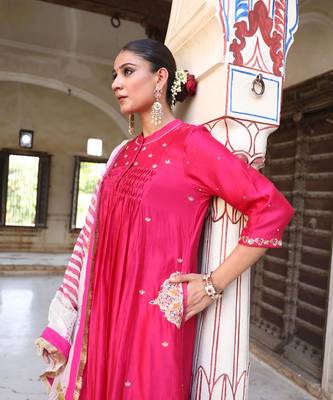 Laxmi Rani Kali Suit Set in Rani Pink with Zardosi Handwork 1