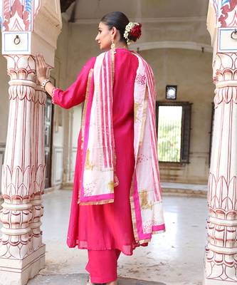Laxmi Rani Kali Suit Set in Rani Pink with Zardosi Handwork 4