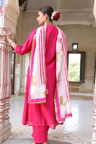 Laxmi Rani Kali Suit Set in Rani Pink with Zardosi Handwork