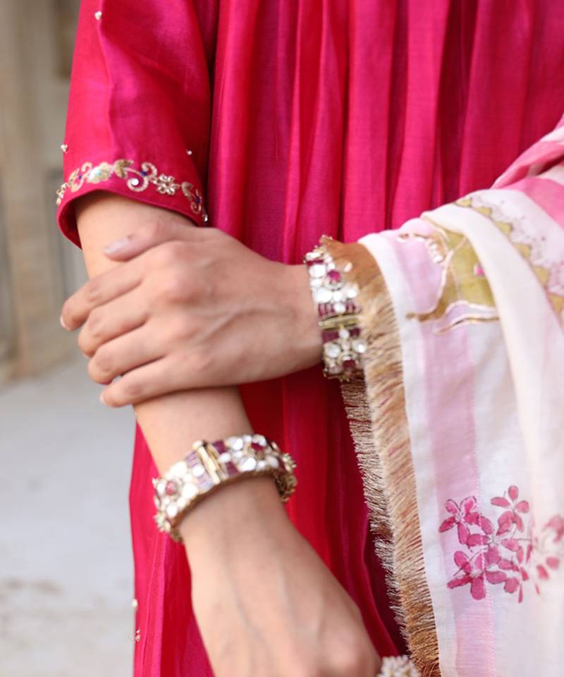 Laxmi Rani Kali Suit Set in Rani Pink with Zardosi Handwork