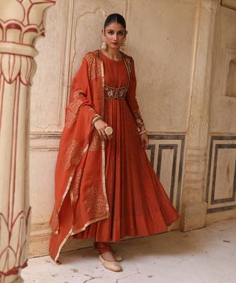 Serene Anarkali Set in Brick Rust with Thread Aari Handwork 1
