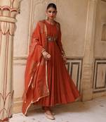 Serene Anarkali Set in Brick Rust with Thread Aari Handwork
