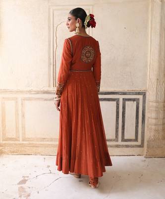 Serene Anarkali Set in Brick Rust with Thread Aari Handwork 2