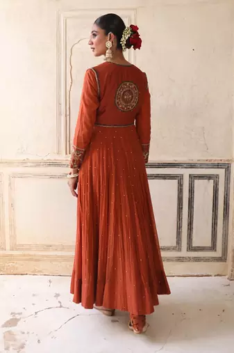 Serene Anarkali Set in Brick Rust with Thread Aari Handwork