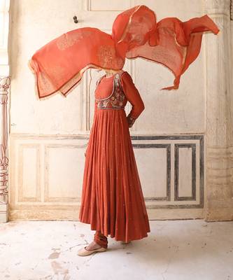 Serene Anarkali Set in Brick Rust with Thread Aari Handwork 3