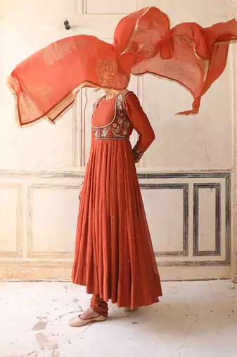 Serene Anarkali Set in Brick Rust with Thread Aari Handwork
