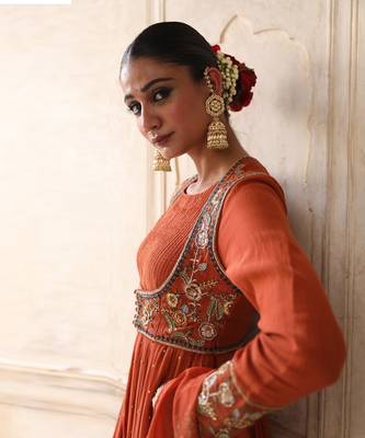 Serene Anarkali Set in Brick Rust with Thread Aari Handwork 4